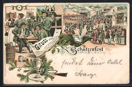 Lithographie Volksleben auf dem Schützenfest, Hippodrom, Wirtin mit Bürger-Bräu & Pokal
