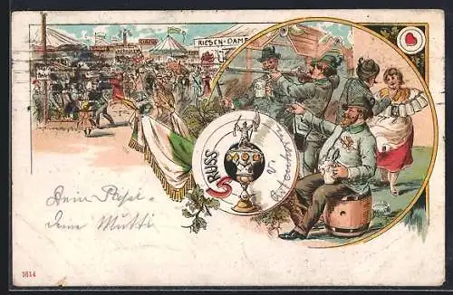 Lithographie betrunkene Männer auf dem Schützenfest