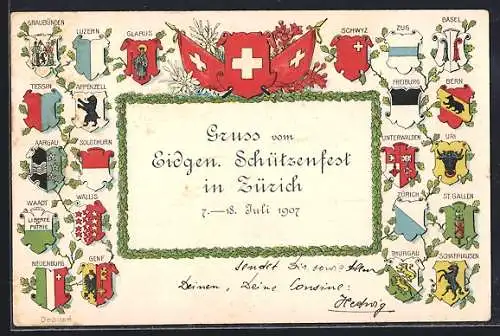 AK Zürich, Eidgen. Schützenfest 1907, Wappen und Fahnen