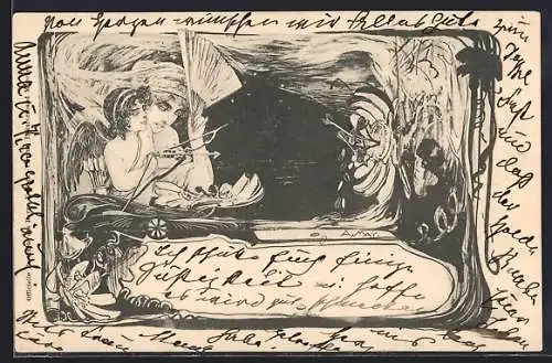 Künstler-AK Amor schiesst mit Pfeil und Bogen auf eine Blüte, Jugendstil