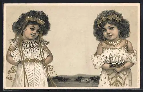 Künstler-AK Zwei Mädchen mit Seerose und Blumen im Haar, Jugendstil
