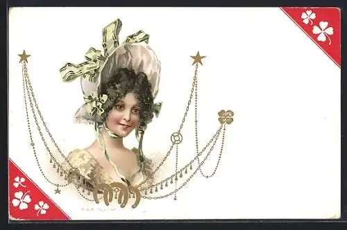 Künstler-AK Damenporträt mit Hufeisen und Kleeblättern, Jugendstil