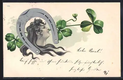 Künstler-AK Dame mit Hufeisen und Kleeblatt, Jugendstil