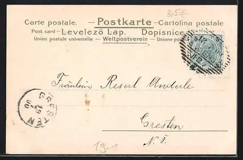 Künstler-AK Dame mit Hufeisen und Kleeblatt, Jugendstil