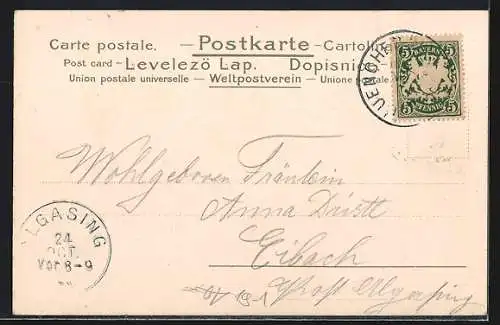 AK Frau unter Hufeisen mit Klee, Jugendstil