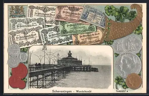 AK Scheveningen, Wandelhoofd, Seebrücke, Geldnoten und Münzen