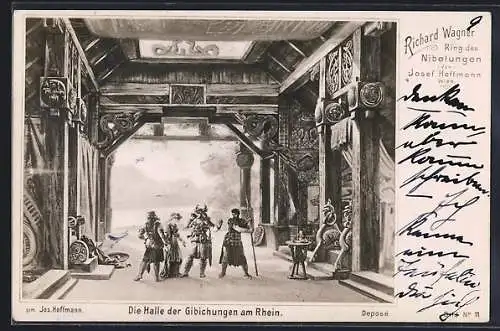 Künstler-AK Bayreuth, Szene aus Ring des Nibelungen von Richard Wagner, Die Halle der Gibichungen am Rhein