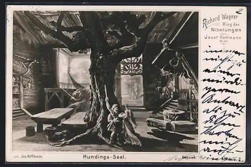 Künstler-AK Bayreuth, Szene aus Ring des Nibelungen von Richard Wagner, Hundings-Saal