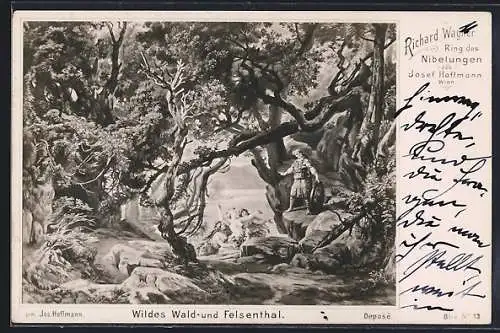 Künstler-AK Bayreuth, Szene aus Ring des Nibelungen von Richard Wagner, Wildes Wald- und Felsenthal