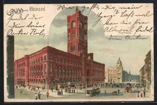 Lithographie Berlin, Strassenbahn vor dem Roten Rathaus, Königstrasse