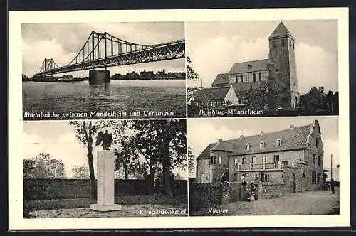 AK Duisburg-Mindelheim, Kriegerdenkmal, Kirche, Brücke, Kloster