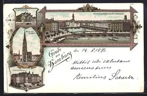 Lithographie Hamburg-Neustadt, Reesendammbrücke und die Alsterarkaden, Nicolaikirche, Stadttheater