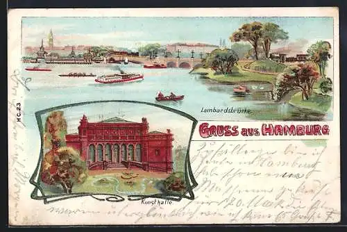 Lithographie Hamburg-St.Georg, Lombardsbrücke, Kunsthalle