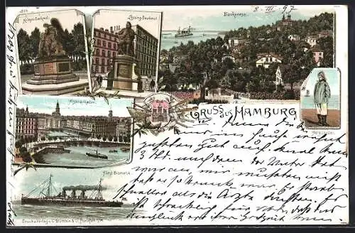 Lithographie Hamburg-Blankenese, Krieger-Denkmal, Alsterarkaden, Lessing-Denkmal