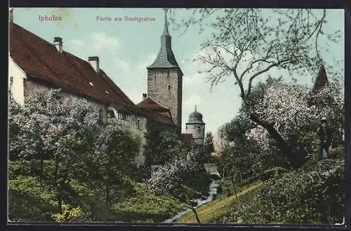 AK Iphofen, Partie am Stadtgraben mit Kirche