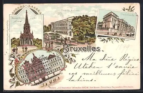 Lithographie Brüssel / Bruxelles, Palais de Academies, Monumet Leopold II. & Maison des Talleurs