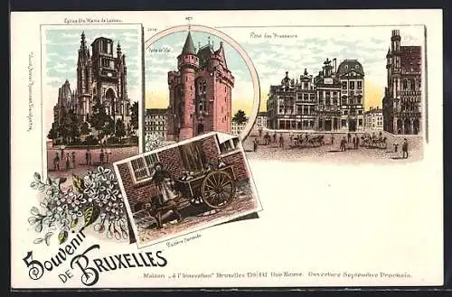 Lithographie Bruxelles, Hotel des Brasseurs, Porte de Hal, Laitiere flamande