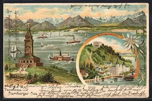AK Starnberg, Panorama, Bismarck-Thurm, Rottmannshöhe, Leoni