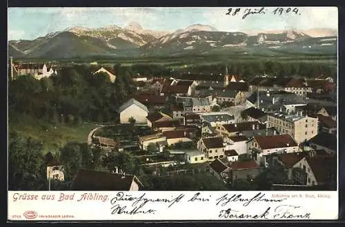 AK Bad Aibling, Blick über die Ortschaft auf das Gebirge
