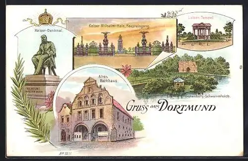 Lithographie Dortmund, Altes Rathaus, Kaiser-Denkmal Wilhelm I., Louisen-Tempel