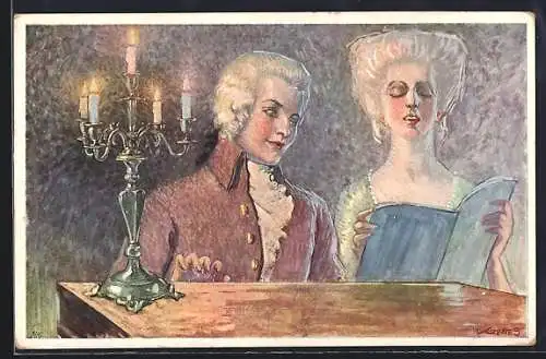 Künstler-AK Arie aus Mozart, Nehmt meinen Dank ihr holden Gönner, Mozart spielt Klavier, eine Frau singt