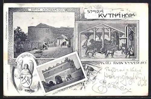 Künstler-AK Kuttenberg / Kutna Hora, Brana Kolinska, Znak, Kast erska brana, Haviri Rvdv Vynasejici