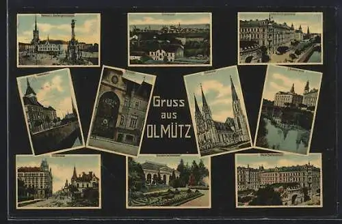 AK Olmütz, Domkirche, Maria Theresienplatz, Kursalon im Stadtpark, Kunstuhr, Parkstrasse, Rathaus, Dreifaltigkeitssäule