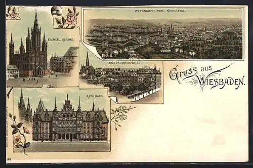 Lithographie Wiesbaden, Ev. Kirche, Kochbrunnenplatz, Rathhaus