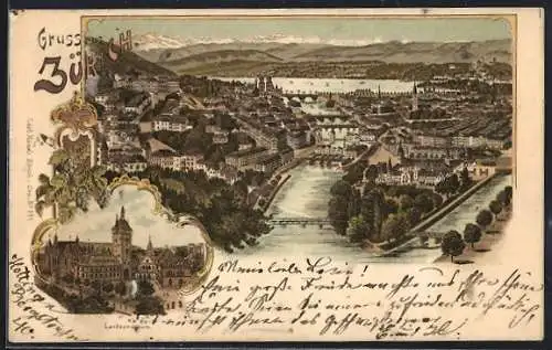 Lithographie Zürich, Landesmuseum, Gesamtansicht