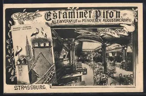 AK Strassburg, Estaminet Piton, Alleinverkauf des Münchener Augustinerbräu, Innenansicht, Storchennest