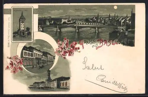 Lithographie Basel, Casino, Badischer Bahnhof, St. Johannes-Thor