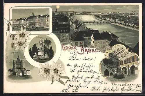 Lithographie Basel, Ortsansicht, Rathaus, St.Jacobs-Denkmal, Spalenthor