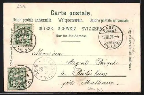 Lithographie Basel, Ortsansicht, Rathaus, St.Jacobs-Denkmal, Spalenthor