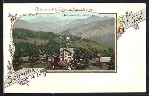 Lithographie Beatenberg, Hotel Silberhorn, Reklame für Chocolat & Cacao Maestrani