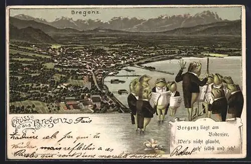 Lithographie Bregenz, Gesamtansicht mit singenden Fröschen am Bodensee