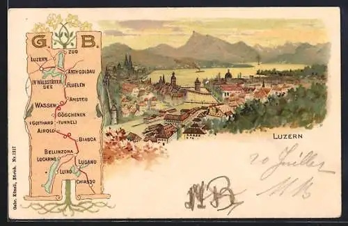Lithographie Luzern, Totalansicht aus der Ferne und Wegeplan