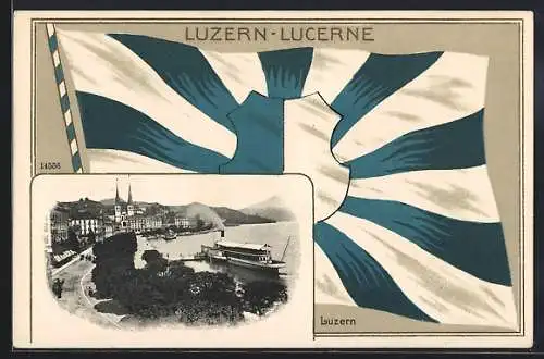 AK Luzern, Uferpartie mit Dampfer, Flagge, Passepartout