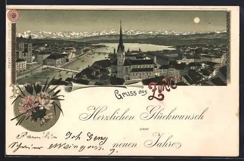 Lithographie Zürich, Teilansicht mit Kirche bei Mondschien, Neujahrsgruss