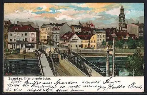 Lithographie Berlin-Spandau, Teilansicht mit Charlottenbrücke und Strassenbahn