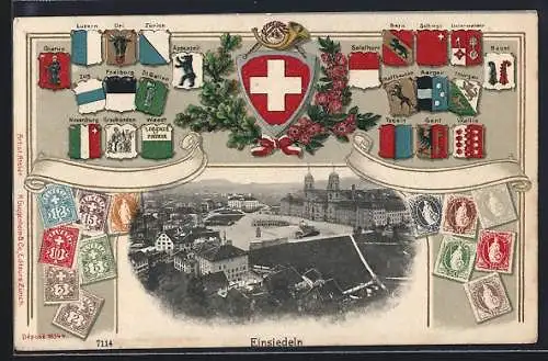 AK Einsiedeln, Teilansicht im Passepartout mit Kantonswappen und Briefmarken