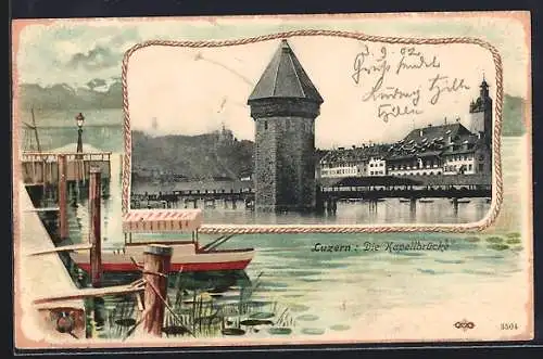 Lithographie Luzern, Die Kapellbrücke, Uferpartie mit Boot