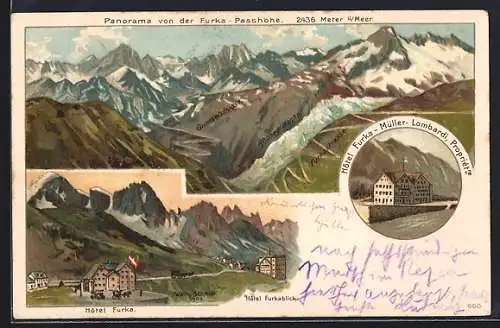 Lithographie Furka, Hotel Furka, Panorama von der Furka mit Grimselstrasse, Rhonegletscher und Furkastrasse