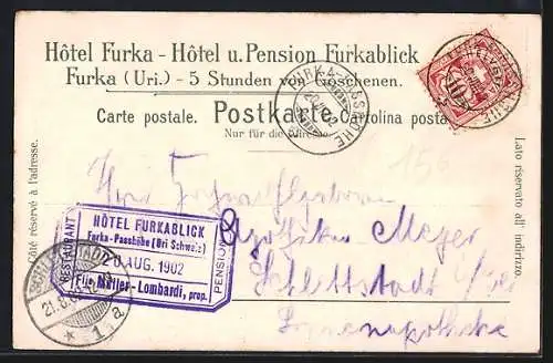 Lithographie Furka, Hotel Furka, Panorama von der Furka mit Grimselstrasse, Rhonegletscher und Furkastrasse