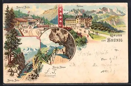 Lithographie Brünig, Bahnhof-Buffet, Kurhaus, Brünig-Strasse und Bahn