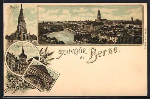 Lithographie Bern, Panorama, Münster, Zeitglockenturm, Rathaus