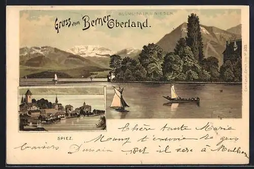 Lithographie Spiez, Blick zur Kirche, Uferpartie mit Seegelbooten
