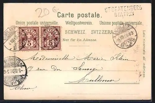 Lithographie Spiez, Blick zur Kirche, Uferpartie mit Seegelbooten