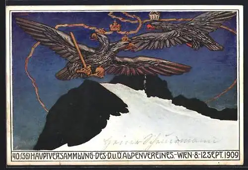AK Wien, Hauptversammlung des Dt. und Österr. Alpenvereins 1909, Zwei Adler mit Kronen über Berggipfel