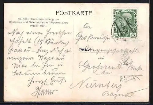 AK Wien, Hauptversammlung des Dt. und Österr. Alpenvereins 1909, Zwei Adler mit Kronen über Berggipfel