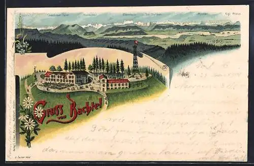 Lithographie Hinwil, Gruss vom Bachtel und Bergpanorama